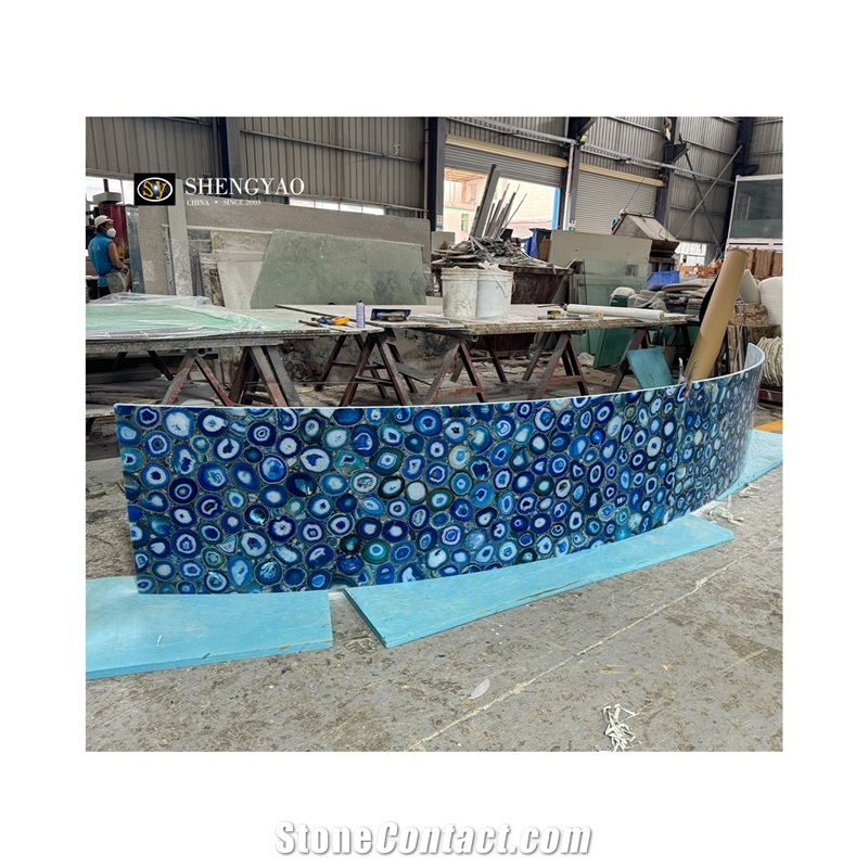 Custom Arc-Shaped Blue Agate Semiprecious Stone Slabs