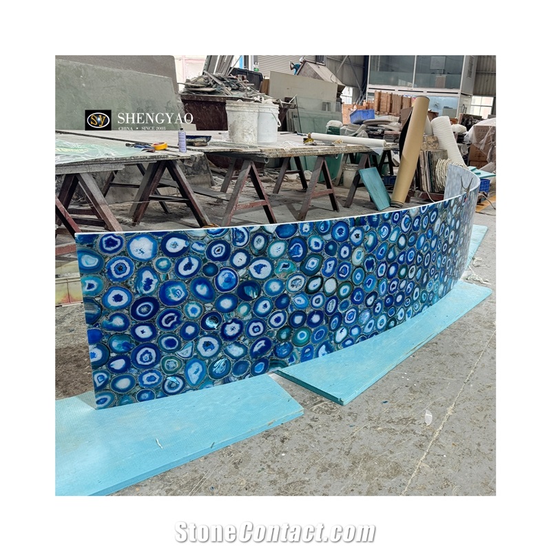 Custom Arc-Shaped Blue Agate Semiprecious Stone Slabs
