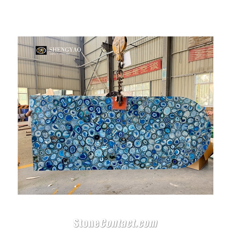 Custom Arc-Shaped Blue Agate Semiprecious Stone Slabs