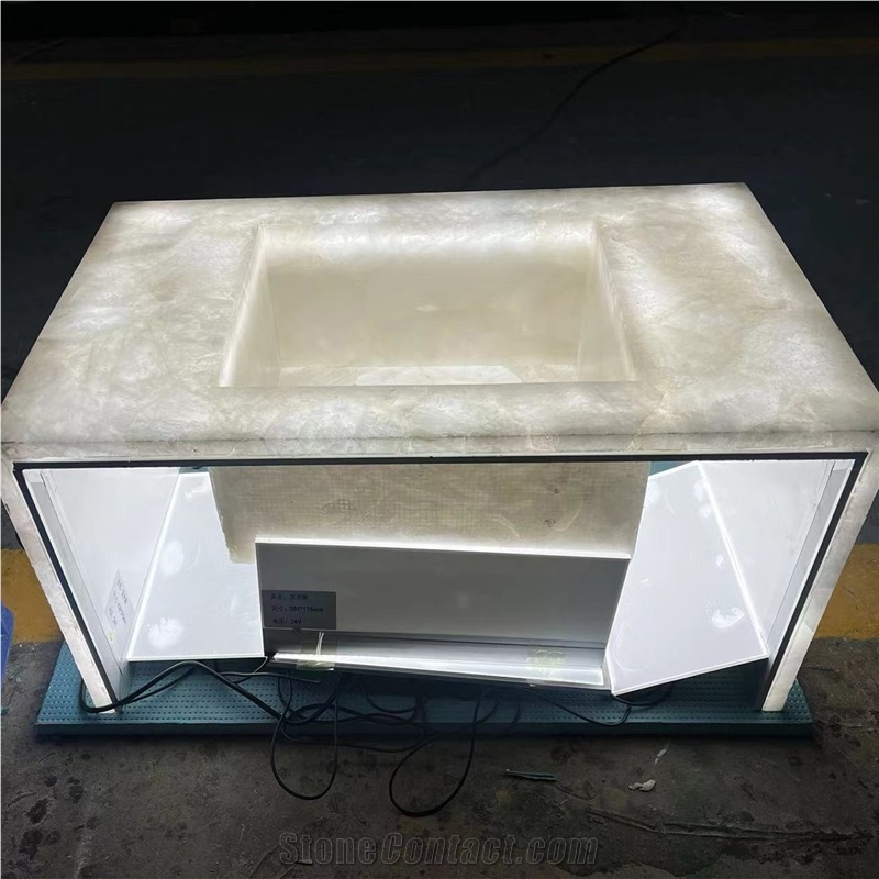 Custom Translucent Stone White Crystal Quartz Bathroom Sink