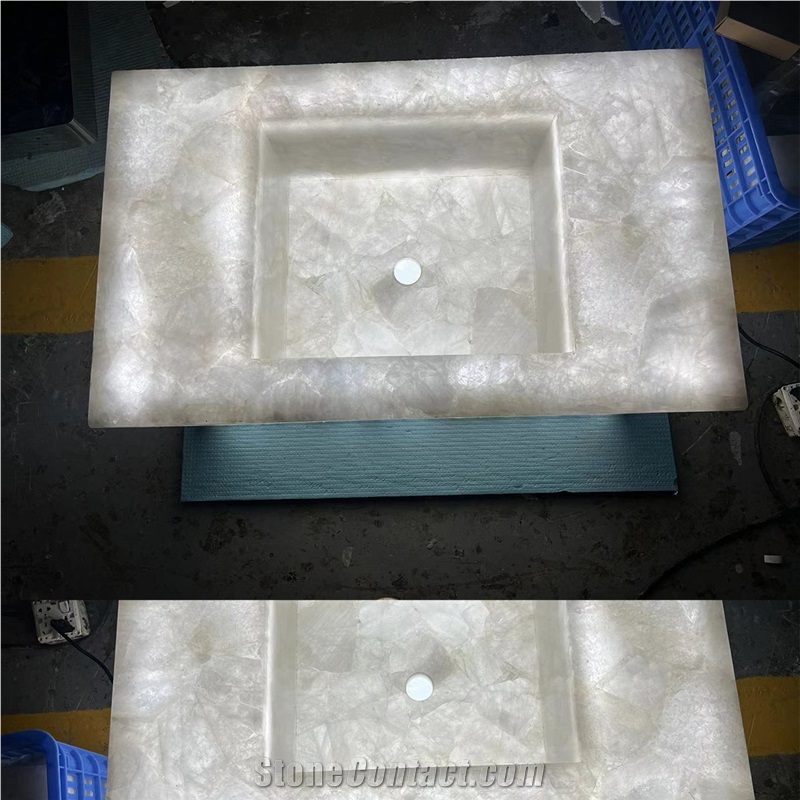 Custom Translucent Stone White Crystal Quartz Bathroom Sink