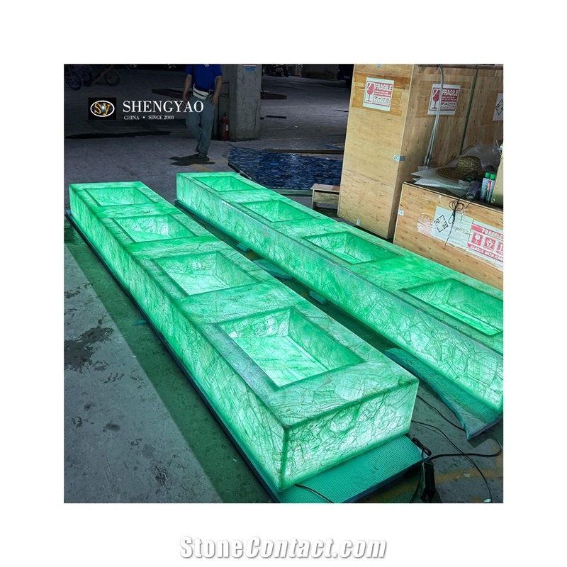 Illuminated Green Crystal Quartz Semiprecious Stone Bathroom Sink Countertop Unit