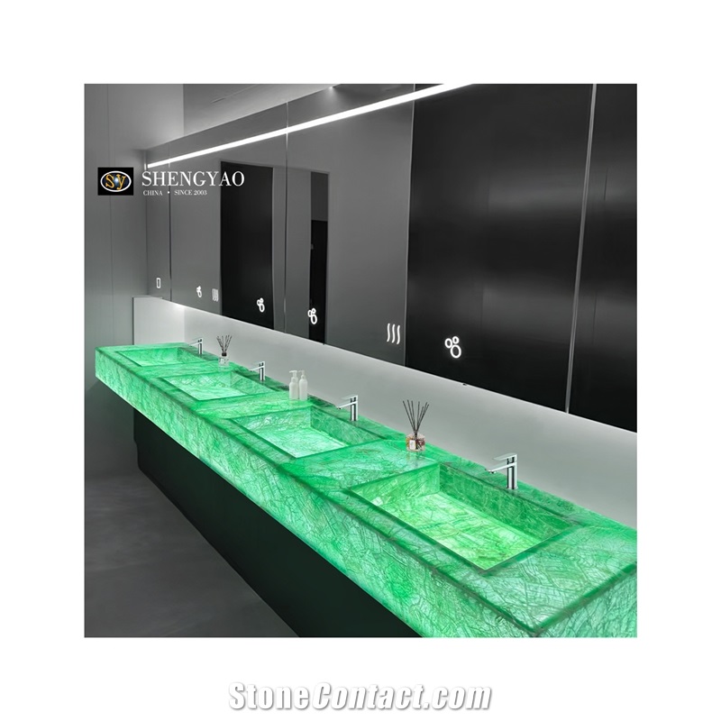 Illuminated Green Crystal Quartz Semiprecious Stone Bathroom Sink Countertop Unit