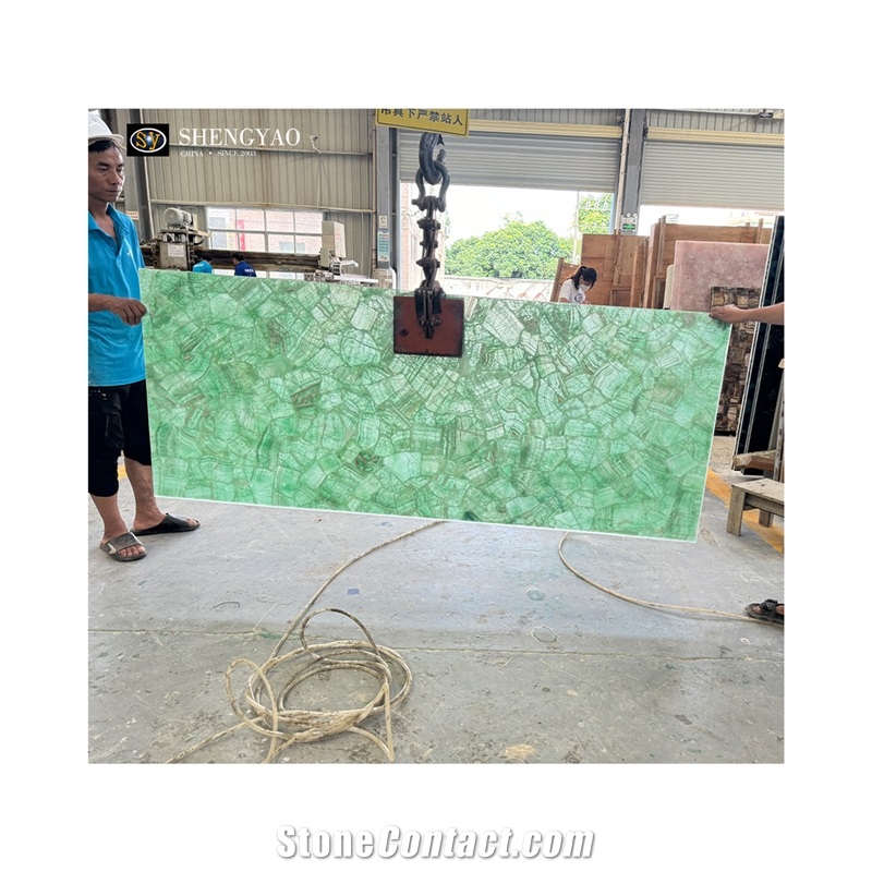 Illuminated Green Crystal Quartz Semiprecious Stone Bathroom Sink Countertop Unit