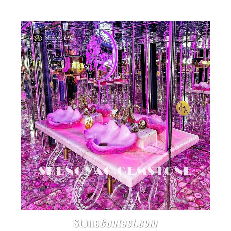Illuminated Pink Agate Flooring Tiles Semiprecious Slabs