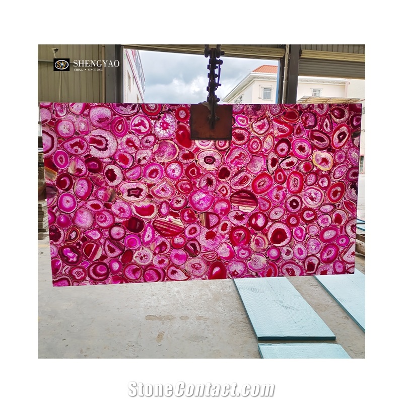 Illuminated Pink Agate Flooring Tiles Semiprecious Slabs