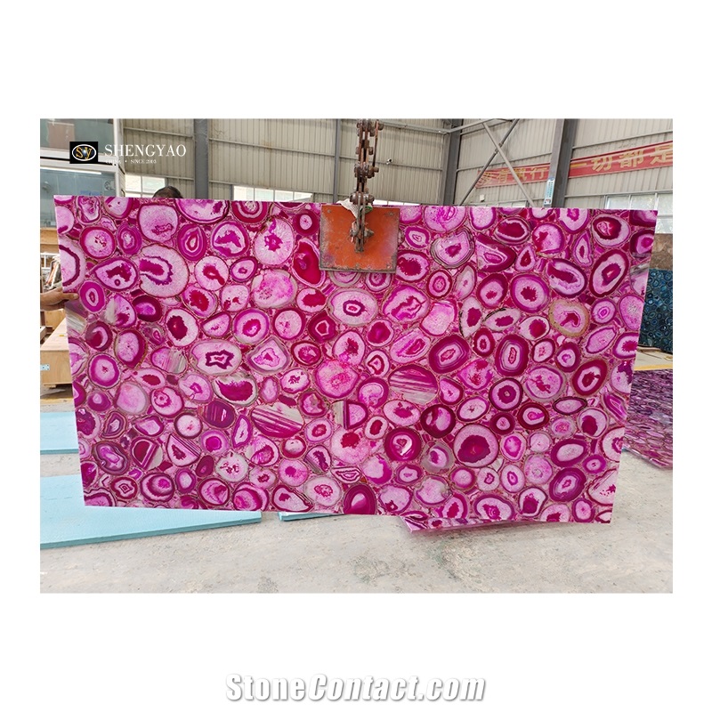 Illuminated Pink Agate Flooring Tiles Semiprecious Slabs