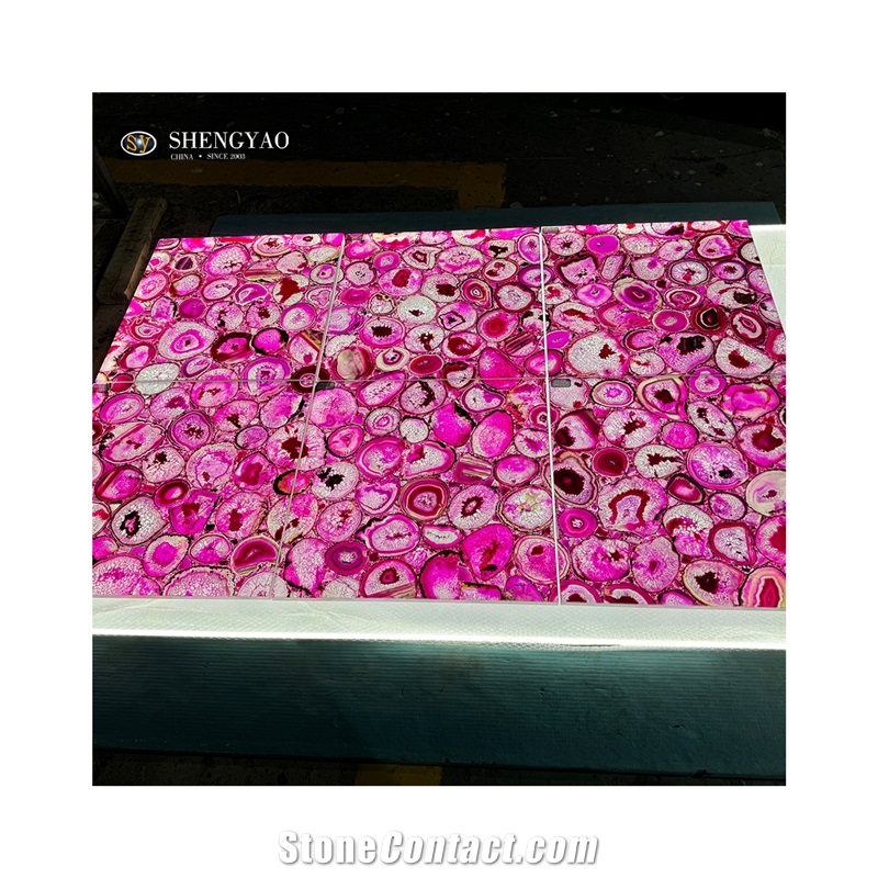 Illuminated Pink Agate Flooring Tiles Semiprecious Slabs