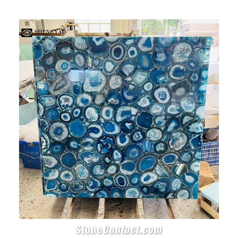 Natural Backlit Blue Agate Stone Flooring Gemstone Tiles