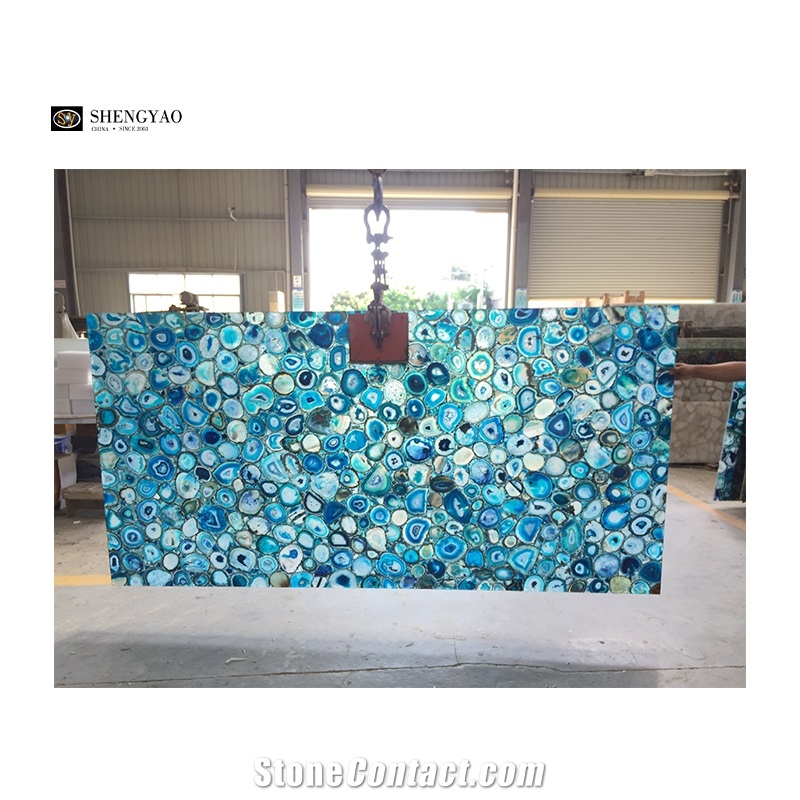 Natural Backlit Blue Agate Stone Flooring Gemstone Tiles