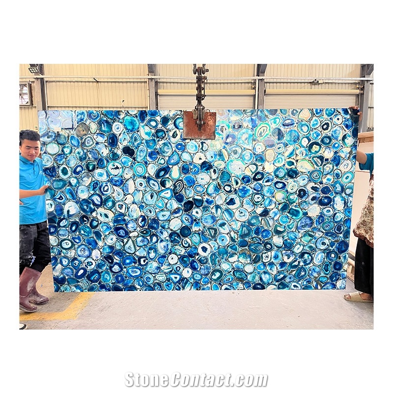 Natural Backlit Blue Agate Stone Flooring Gemstone Tiles