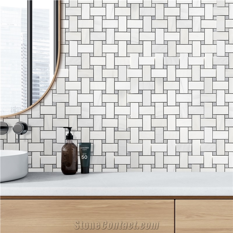 Ritz White Marble Basketweave Mosaic Tiles