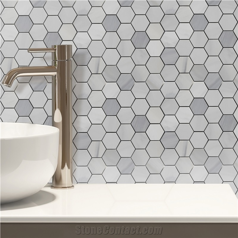 Ritz White Ritz Gray Hexagon Mosaic Tiles