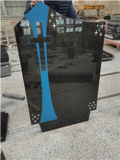 Black Granite Cross Headstone With Star Carving