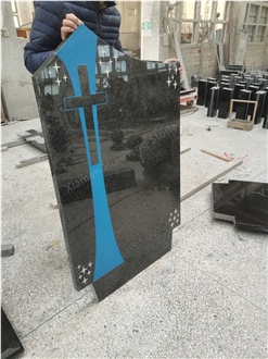 Black Granite Cross Headstone With Star Carving