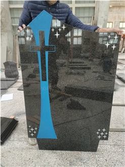 Black Granite Cross Headstone With Star Carving