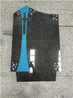 Black Granite Cross Headstone With Star Carving