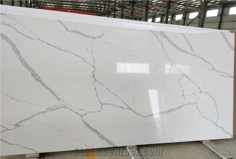 White Quality-Ensured Artificial Calacatta Quartz Slabs For Kitchen
