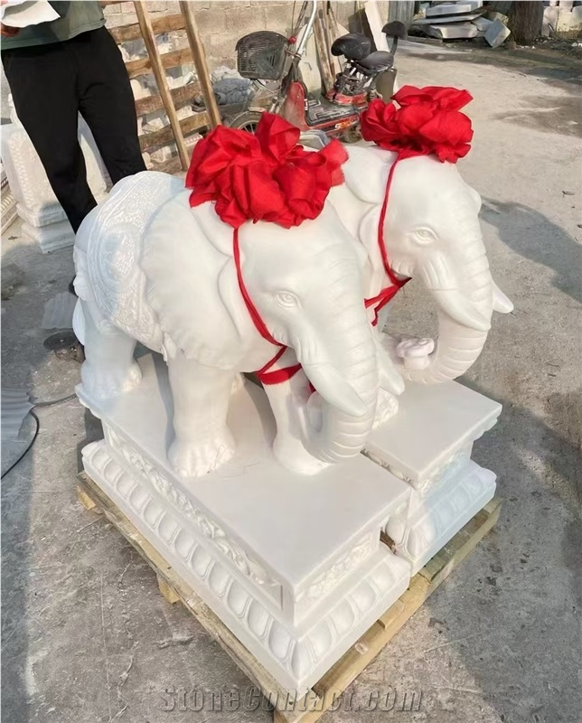 Pure White Marble Elephant Stone Sculpture Outside