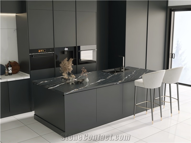 5126 Titanium Satin Black Quartz Slabs With White Veins