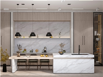 White New 7009 Calacatta Delicato PD Printed Quartz Slabs