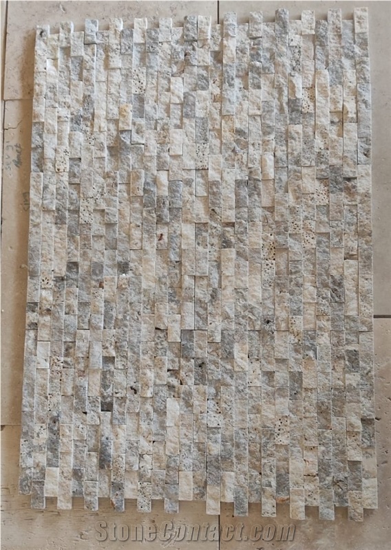 Silver Travertine Split Face On Mesh 2.3X4.8 Cm Stone Veneer