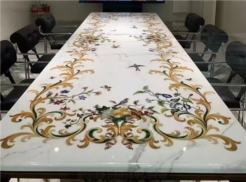 Calacatta Marble Waterjet Medallion Inlay Table Top For Office Desk