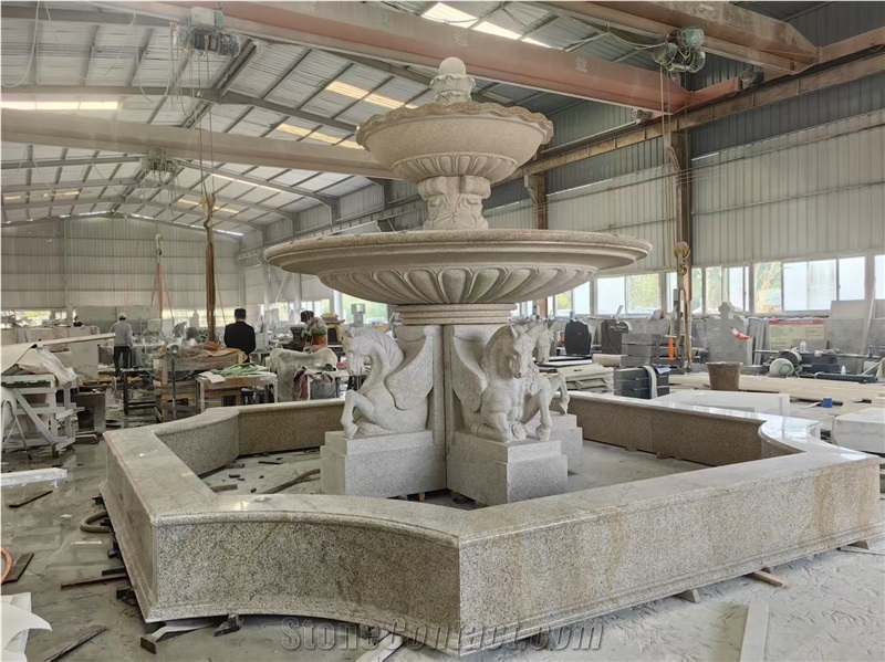 Carved Yellow Granite Horse 3-Tier Fountain For Garden Decor
