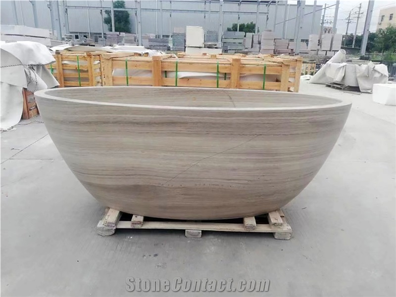 White Wood Grain Marble CNC Carved Polished Surface Bathtub