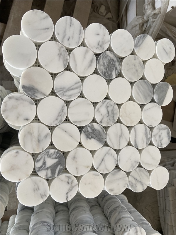 Statuario Marble Round Mosaic Tiles For Bathroom Floor