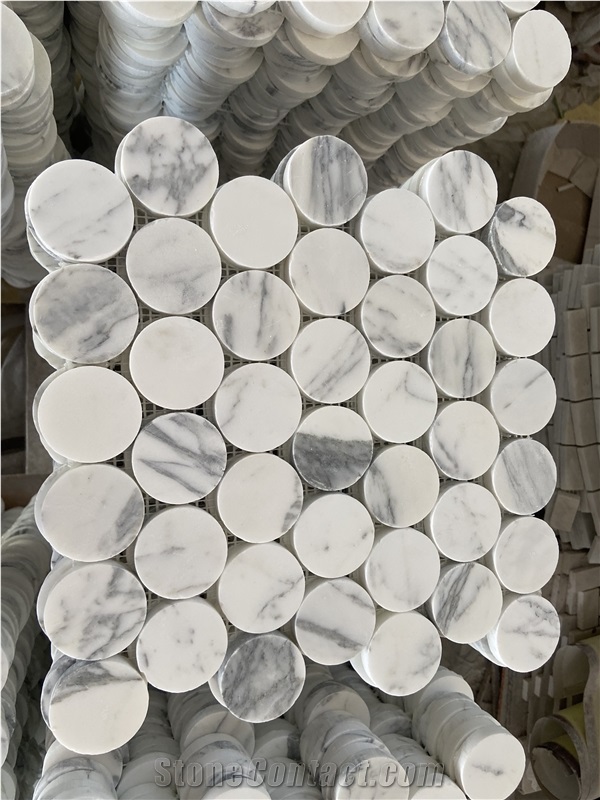 Statuario Marble Round Mosaic Tiles For Bathroom Floor