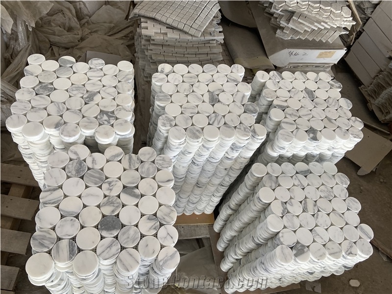 Statuario Marble Round Mosaic Tiles For Bathroom Floor