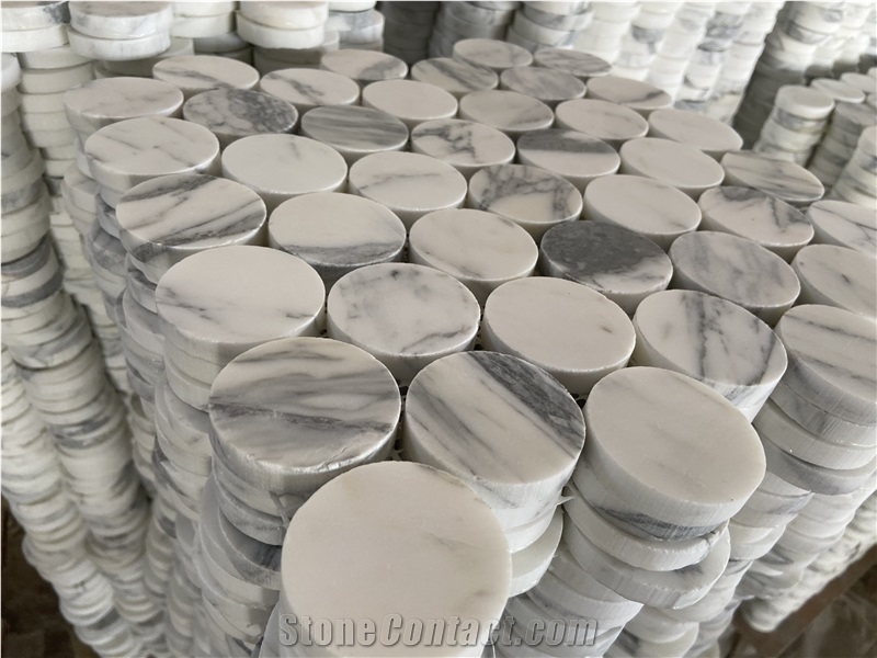 Statuario Marble Round Mosaic Tiles For Bathroom Floor