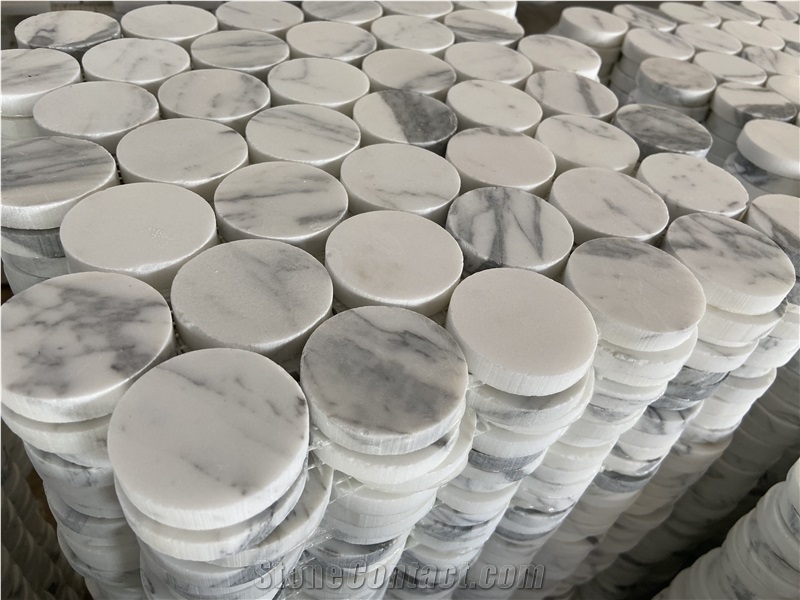 Statuario Marble Round Mosaic Tiles For Bathroom Floor