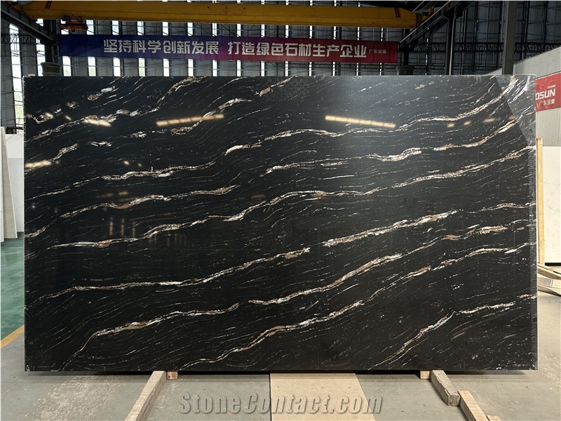 5126 Titanium Satin Black Quartz Slabs With Gold Veins