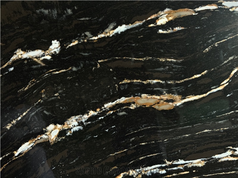 5126 Titanium Satin Black Quartz Slabs With Gold Veins