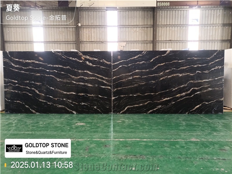 5126 Titanium Satin Black Quartz Slabs With Gold Veins
