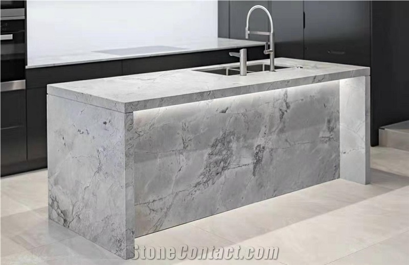 Super White Quartzite Kitchen Countertop Island