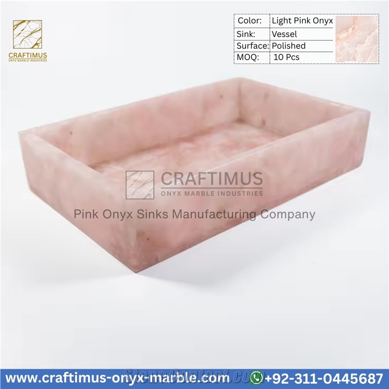 Luxury Pink Onyx Rectangular Shaped Vessel Sinks Collection