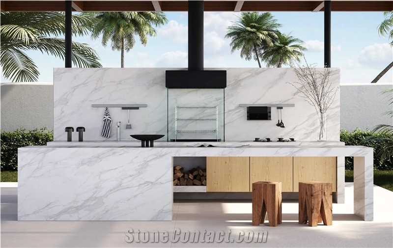 White New 7009 Calacatta Delicato PD Printed Quartz Slabs
