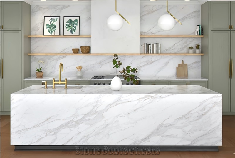 White New 7009 Calacatta Delicato PD Printed Quartz Slabs