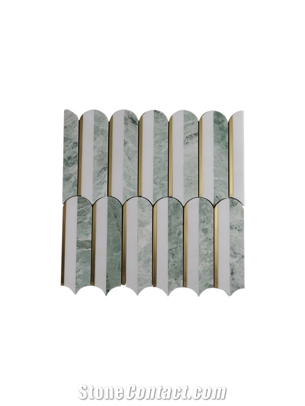 Modern Brass Inlaid White And Green Marble Mosaic Tiles