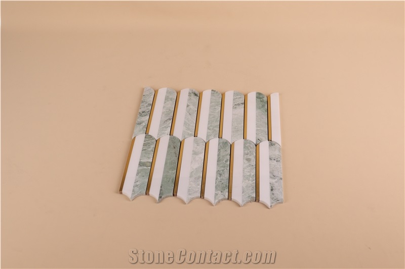 Modern Brass Inlaid White And Green Marble Mosaic Tiles