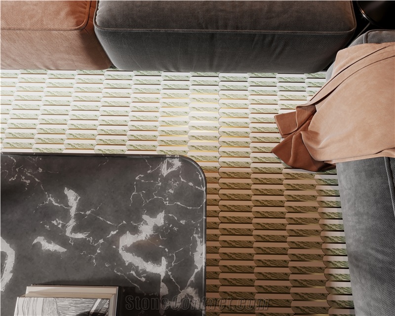 Modern Brass Inlaid White And Green Marble Mosaic Tiles