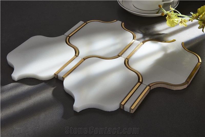 Modern Style Brass Inlaid White Marble Mosaic Tiles For Home