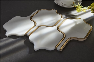 Modern Style Brass Inlaid White Marble Mosaic Tiles For Home