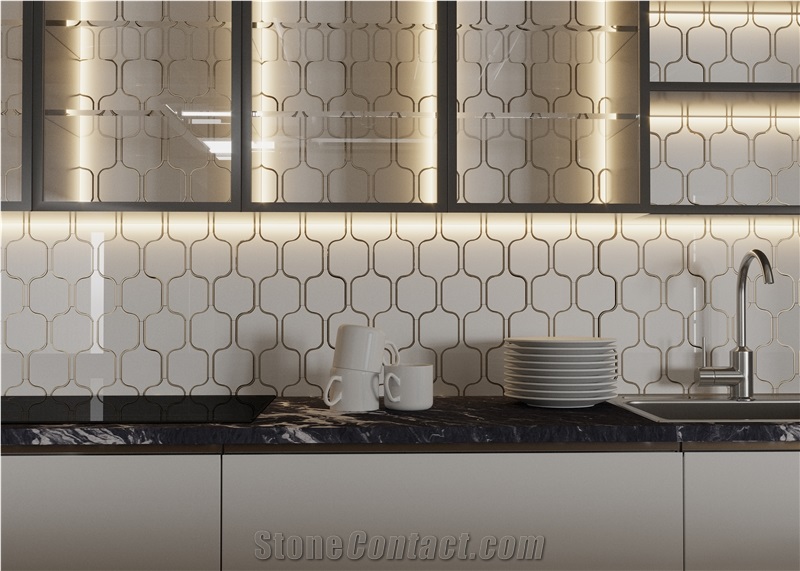 Modern Style Brass Inlaid White Marble Mosaic Tiles For Home