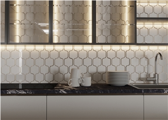 Modern Style Brass Inlaid White Marble Mosaic Tiles For Home