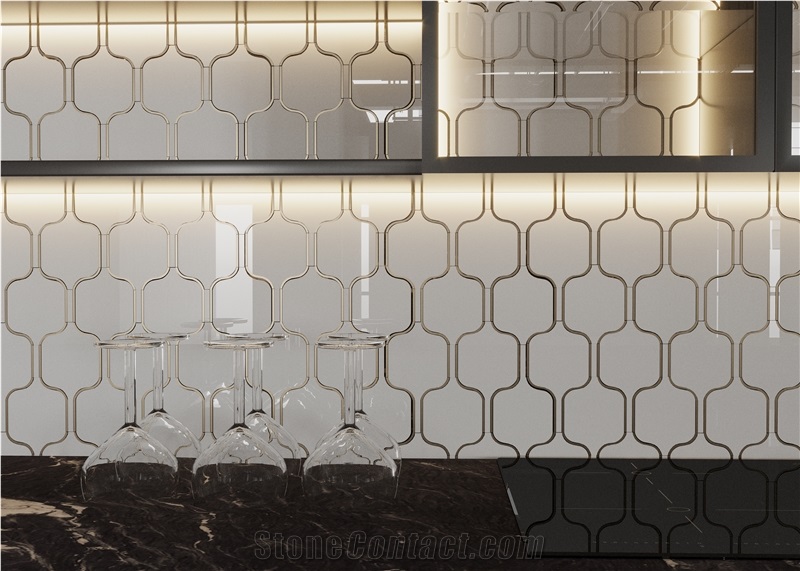 Modern Style Brass Inlaid White Marble Mosaic Tiles For Home