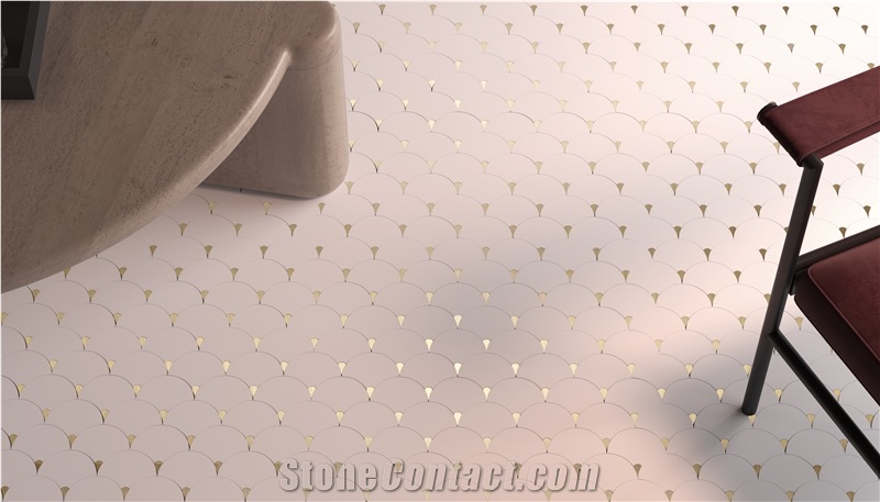 Shell Shaped Brass Inlaid Marble Mosaic Tiles For Home Wall